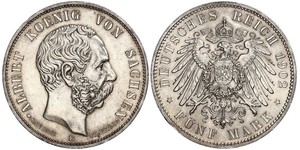 5 Марка Саксония (королевство) (1806 - 1918) Серебро Альберт (король Саксонии)
