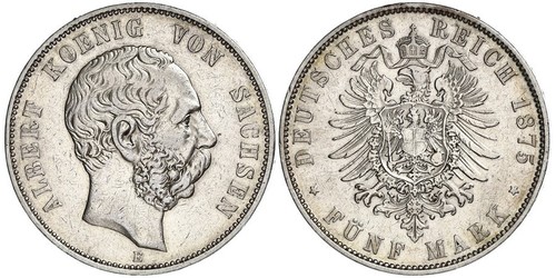 5 Марка Саксония (королевство) (1806 - 1918) Серебро Альберт (король Саксонии)