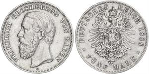 5 Марка Велике герцогство Баден (1806-1918) Срібло Frederick I, Grand Duke of Baden (1826 - 1907)
