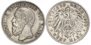 5 Марка Велике герцогство Баден (1806-1918) Срібло Frederick I, Grand Duke of Baden (1826 - 1907)