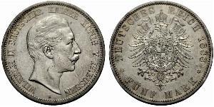 5 Марка Королівство Пруссія (1701-1918) Срібло Wilhelm II, German Emperor (1859-1941)