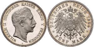 5 Марка Королівство Пруссія (1701-1918) Срібло Wilhelm II, German Emperor (1859-1941)