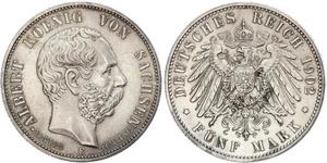 5 Марка Королівство Саксонія (1806 - 1918) Срібло Albert of Saxony