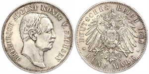 5 Марка Королівство Саксонія (1806 - 1918) Срібло Frederick Augustus III of Saxony (1865-1932)