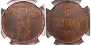 5 Пені Велике князівство Фінляндське (1809 - 1917) Мідь Микола II (1868-1918)
