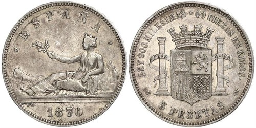 5 Песета First Spanish Republic (1873 - 1874) Срібло 