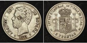 5 Песета Королівство Іспанія (1814 - 1873) Срібло Амадей I  (1845 - 1890)