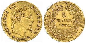 5 Франк Вторая французская империя (1852-1870) Золото Наполеон III Бонапарт (1808-1873)