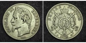 5 Франк Вторая французская империя (1852-1870) Серебро Наполеон III Бонапарт (1808-1873)