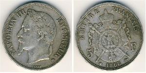 5 Франк Вторая французская империя (1852-1870) Серебро Наполеон III Бонапарт (1808-1873)