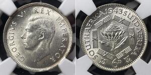 6 Пені Південно-Африканська Республіка (1910 - ) Срібло Георг VI (1895-1952)