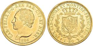 80 Lira Italian city-states Oro Carlos Félix de Cerdeña