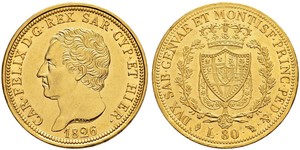 80 Lira Italian city-states Oro Carlo Felice di Savoia