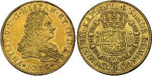 8 Escudo Spanish Mexico  / Kingdom of New Spain (1519 - 1821) Gold Philip V of Spain(1683-1746)