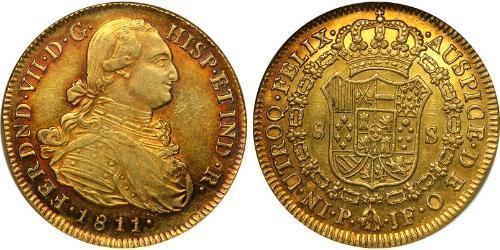 8 Ескудо Нова Ґранада (1717 - 1819) Золото Фердинанд VII король Іспанії (1784-1833)