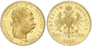 8 Флорин / 20 Франк Австро-Венгрия (1867-1918) Золото Франц Иосиф I (1830 - 1916)