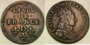 FRANCE 1 Liard 1656 D - Copper - Louis XIV. / Young Bust - VF/XF - 3608 *