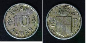 ICELAND 10 Aurar 1922(h) HCN GJ - Copper/Nickel - Christian X - VF/XF - 4266