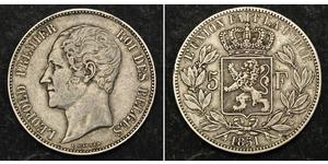  
 
   1851, Kingdom of Belgium, Leopold I. Large Silver 5 Francs (5 Frank) Coin. XF!  Condition: XF! Mint Year: 1851 Reference: KM-17. Engraver: Leopold Wiener   Denomination: 5 Francs (5 Frank) ...