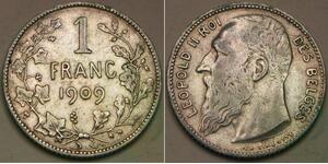 BELGIUM 1 Franc 1909 - Silver 0.835 - French Text - Leopold II. - VF+ - 112 *