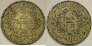 TUNISIA 2 Francs AH 1364 / 1945 - Aluminium-Bronze - VF - 2821 *