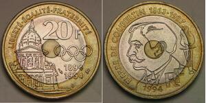 FRANCE 20 Francs 1994 - Tri-Metallic - Pierre de Coubertin - aUNC - 167 *