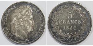 FRANCE 1840 5 FRANCS KING LOUIS PHILIPPE I BUST WREATH SILVER WORLD COIN 