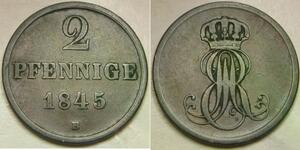HANNOVER (German Kingdom) 2 Pfennig 1845 A - Copper - Ernst August - VF - 864*