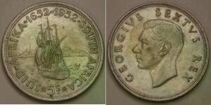 SOUTH AFRICA 5 Shillings 1952 - Silver 0.5 - 300th Ann. of Cape Town - XF -1736*