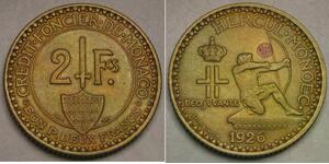 MONACO 2 Francs 1926 - Aluminium-Bronze - Louis II. - XF- - 3532 *