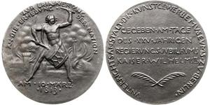 Brandenburg-Preußen. Wilhelm II. 1888-1918. Große Eisengussmedaille 1913, von Liebenthal. Auf den 100. Jahrestag der Befreiungskriege und zum 25jährigen Regierungsjubiläum. Steguweit (2009), 77.  ...