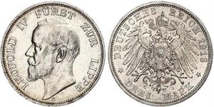 Lippe. Leopold IV. 1904-1918. 3 Mark 1913 A. Jaeger 79. Winzige Randfehler, vorzüglich - Stempelglanz / fast Stempelglanz