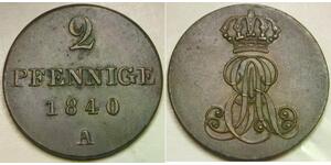 HANNOVER (German Kingdom) 2 Pfennig 1840 A - Copper - Ernst August - XF+ - 867 *