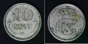 DENMARK 10 Ore 1915 (h) VBP; GJ - Silver 0.400 - Christian X. - VF - 4281