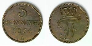 MECKLENBURG SCHWERIN 3 Pfennig 1864 A - Copper - Friedrich Franz II - aUNC - 489