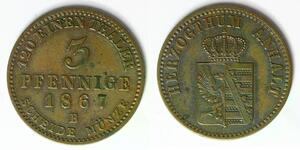 ANHALT BERNBURG 3 Pfennige 1867 B - Copper - Alexander Carl - VF/XF - 1081