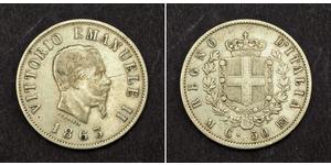 1863, Italy, Victor Emmanuel II. Silver 50 Centesimi (½ Lira) Coin. Milan mint! Mint Year: 1863 Reference: KM-14.1. Mint Place: Milan (M) Denomination: 50 Centesimi (½ Lira) Condition: Scra ...