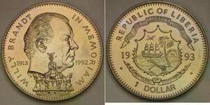 LIBERIA 1 Dollar 1993 PM - Copper-Nickel - Willy Brandt - aUNC - 1159 *
