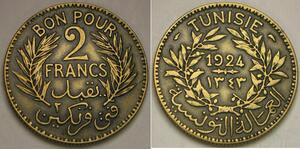 TUNISIA 2 Francs AH 1343 / 1924 - Aluminium-Bronze - VF+ - 2823 *