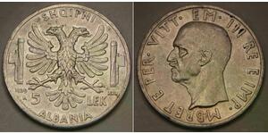ALBANIA 5 Lek 1939 R - Silver 0.835 - Vittorio Emanuel III. - XF - 1709 *