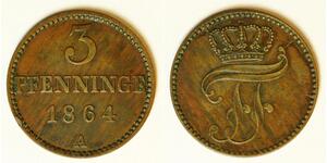 MECKLENBURG SCHWERIN 3 Pfennig 1864 A - Copper - Friedrich Franz II - XF - 3066