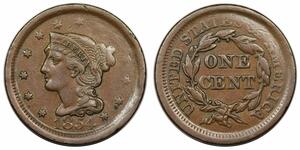 1854 Braided Hair Large Cent, N-27, R3, rotated and axially misaligned dies