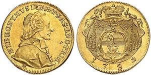 1782,RDR / ÖSTERREICH. Salzburg, Erzbistum. Hieronymus von Colloredo, 1772-1803. Dukat 1782. Auf das 1200-jährige Stiftsjubiläum. 3.47 g. Zöttl 3147. Fr. 880. Kleiner und Stempel- und Randfehler  ...