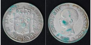 SPAIN 50 Centimos 1892 (92) PG-M - Silver 0.835 - Alfonso XIII. - VF- - 4423