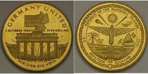 MARSHALL ISLANDS 5 Dollars 1990 - Gold plated Cu-Ni - German Unification - 3038*