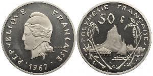 Französische Kolonien-Polynesien Piefort 50 Francs 1967. K.M. P 8, Lecompte 108. Auflage: 50 Exemplare. Polierte Platte