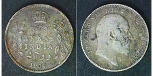 INDIA BRITISH 2 Annas 1907 - Silver 0.917 - Edward VII. - F/VF - 779