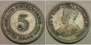 STRAITS SETTLEMENTS 5 Cents 1926 - Silver 0.6 - Geroge V. - VF+ - 1003 *