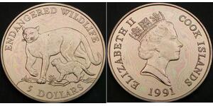 COOK ISLANDS 5 Dollars 1991 - Endangered Wildlife - Cougar - UNC - 2073 