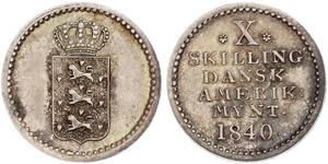 Dänisch Westindien. Christian VIII. 1839-1848. 10 Skilling 1840. K.M. 16, Hede 14. Schöne Patina. Vorzüglich